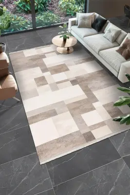 Olvin Krem/Kahve Robot Süpürgeye Uyumlu Kolay Temizlenebilir Halı Salon, Oturma Odası ve Koridor Halısı RP 24 - 1