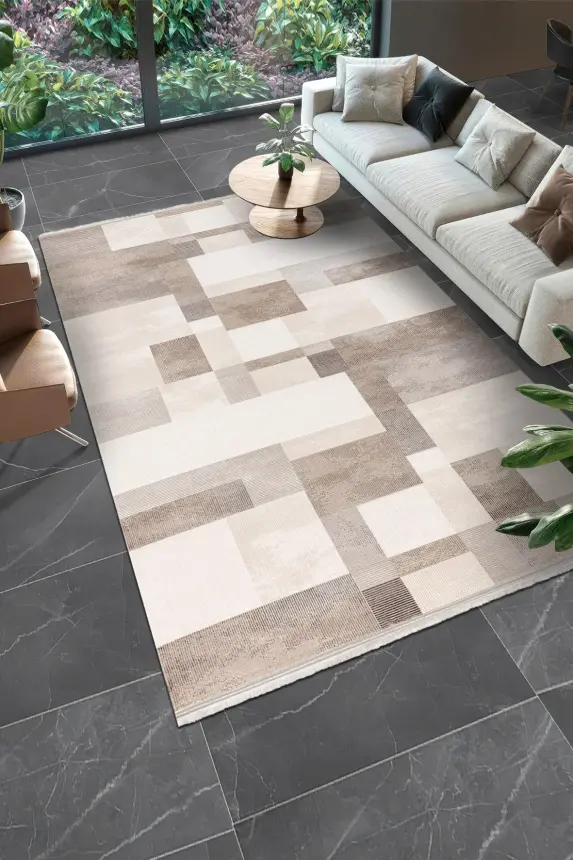 Olvin Krem/Kahve Robot Süpürgeye Uyumlu Kolay Temizlenebilir Halı Salon, Oturma Odası ve Koridor Halısı RP 24 - 1