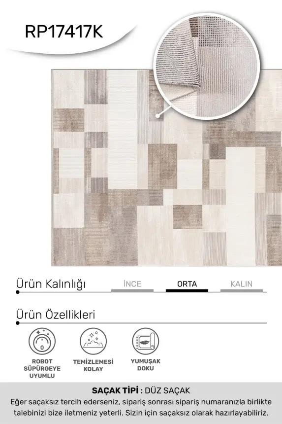 Olvin Krem/Kahve Robot Süpürgeye Uyumlu Kolay Temizlenebilir Halı Salon, Oturma Odası ve Koridor Halısı RP 24 - 7