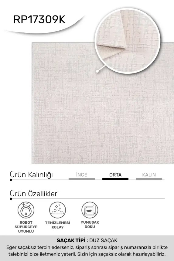 Olvin Vizon Bej Robot Süpürgeye Uyumlu Kolay Temizlenebilir Halı Salon, Oturma Odası ve Koridor Halısı RP 18 - 4