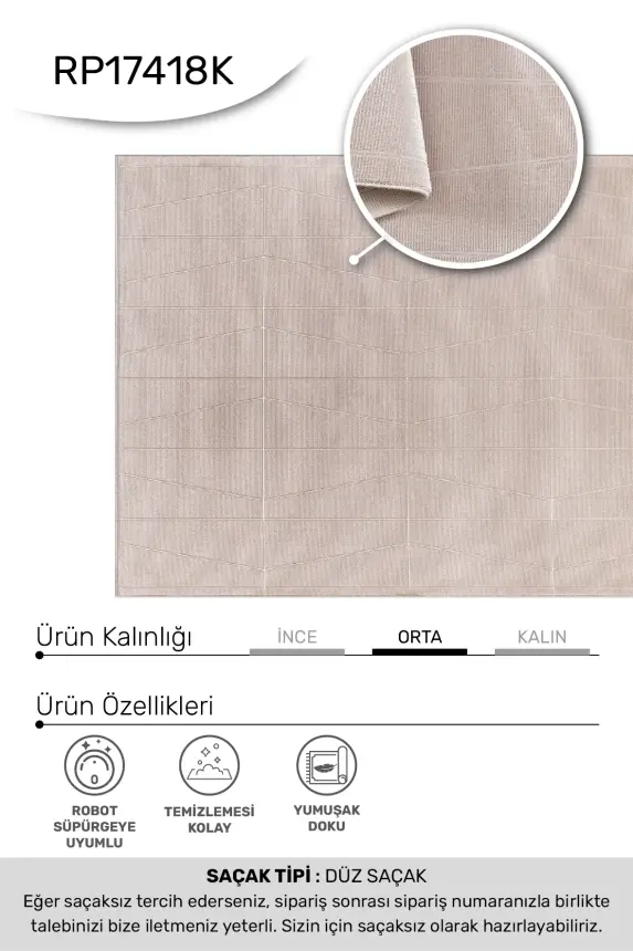 Olvin Vizon Robot Süpürgeye Uyumlu Kolay Temizlenebilir Halı Salon, Oturma Odası ve Koridor Halısı RP 25 - 7