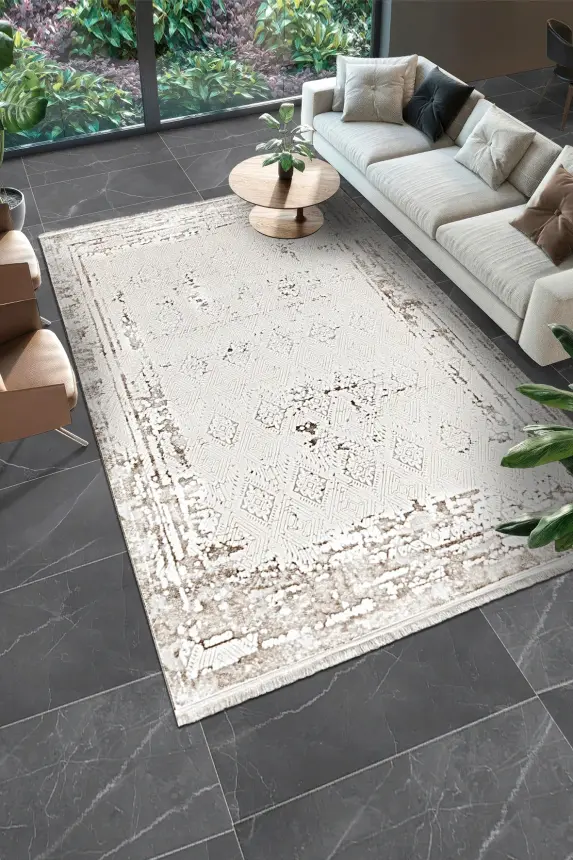 Olvin Vizon/Bej Robot Süpürgeye Uyumlu Kolay Temizlenebilir Halı Salon, Oturma Odası ve Koridor Halısı RP 22 - 2