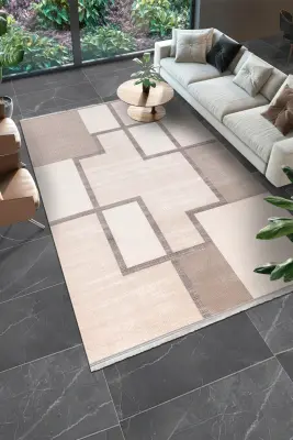 Olvin Vizon/Kahve Robot Süpürgeye Uyumlu Kolay Temizlenebilir Halı Salon, Oturma Odası ve Koridor Halısı RP 23 - 7