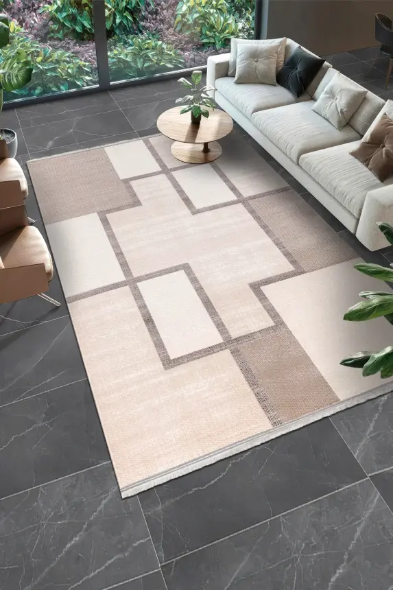 Olvin Vizon/Kahve Robot Süpürgeye Uyumlu Kolay Temizlenebilir Halı Salon, Oturma Odası ve Koridor Halısı RP 23 - 7