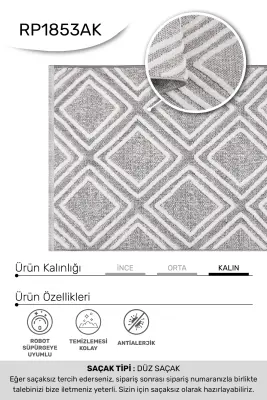 Omi Beyaz Gri Robot Süpürgeye Uyumlu Kolay Temizlenebilir Halı Salon, Oturma Odası , Çocuk Odası ve Koridor Halısı RP 46 - 3