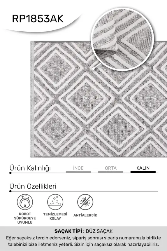 Omi Beyaz Gri Robot Süpürgeye Uyumlu Kolay Temizlenebilir Halı Salon, Oturma Odası , Çocuk Odası ve Koridor Halısı RP 46 - 3