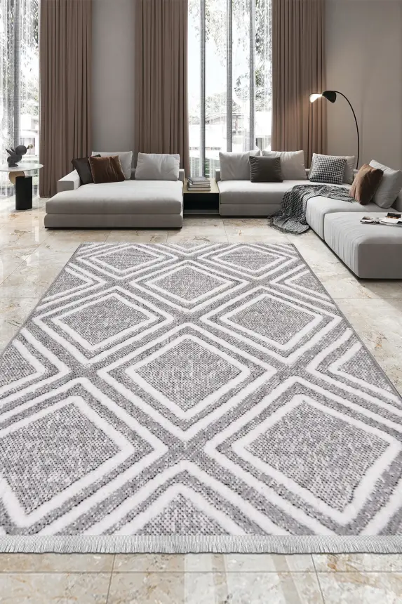 Omi Beyaz/Gri Robot Süpürgeye Uyumlu Kolay Temizlenebilir Halı Salon, Oturma Odası , Çocuk Odası ve Koridor Halısı RP 46 - 1