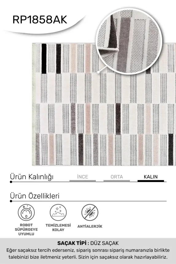 Omi Krem/Gri/Kahve Robot Süpürgeye Uyumlu Kolay Temizlenebilir Halı Salon, Oturma Odası , Çocuk Odası ve Koridor Halısı RP 47 - 6