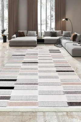 Omi Krem/Gri/Kahve Robot Süpürgeye Uyumlu Kolay Temizlenebilir Halı Salon, Oturma Odası , Çocuk Odası ve Koridor Halısı RP 47 - 7