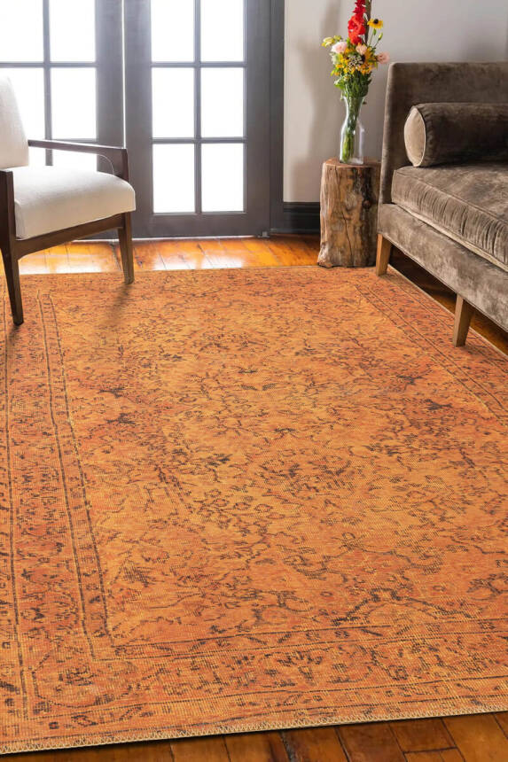 Outlet 100X760 Folk Eskitme Desenli Dokuma Taban Dekoratif Hardal Sarısı Halı BA-15 - 1