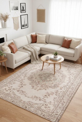 Outlet 115x160 Dorian Eskitme Desenli Dokuma Taban Dekoratif Bej Halı AL-20 - Artloop