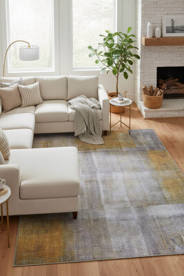 Outlet 115x160 Funk Dokuma Taban Dekoratif Modern Gri / Sarı Halı AL-10 - Artloop