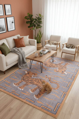 Outlet 115x160 Opus Dekoratif Dokuma Taban Turuncu Kaplan Desenli Halı AL-320 - Artloop