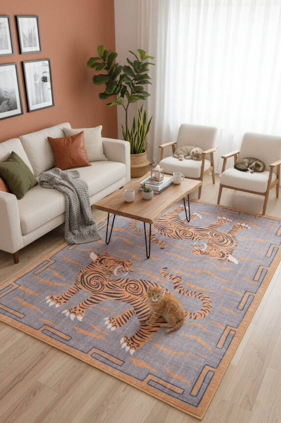 Outlet 115x160 Opus Dekoratif Dokuma Taban Turuncu Kaplan Desenli Halı AL-320 - 1