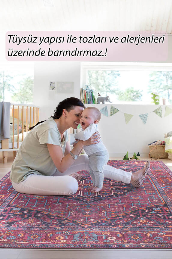 Outlet 140x190 Daire Folk Vintage Desenli Dokuma Taban Dekoratif Bordo Halı BA-18 - 8