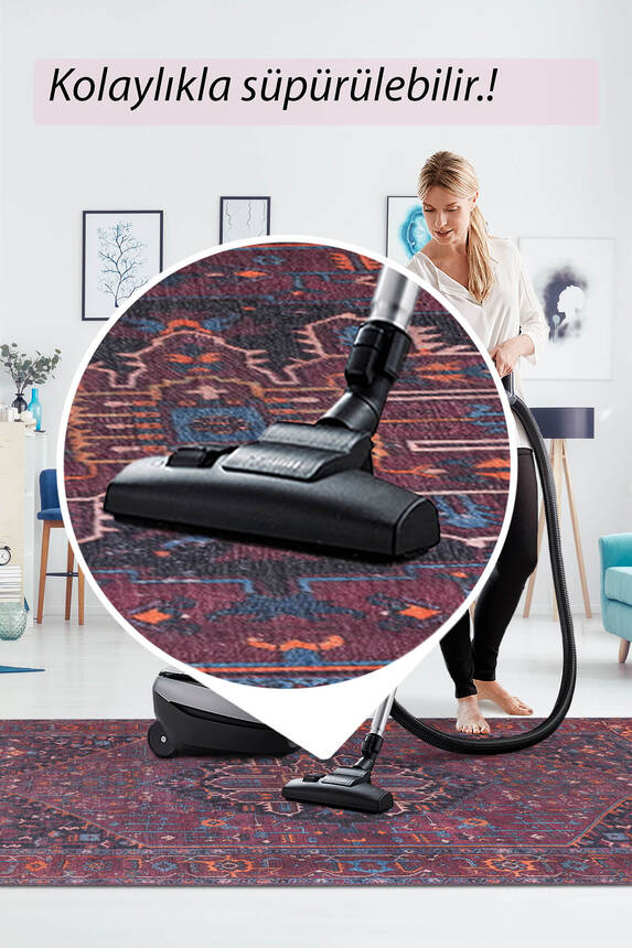 Outlet 140x190 Daire Folk Vintage Desenli Dokuma Taban Dekoratif Bordo Halı BA-18 - 7