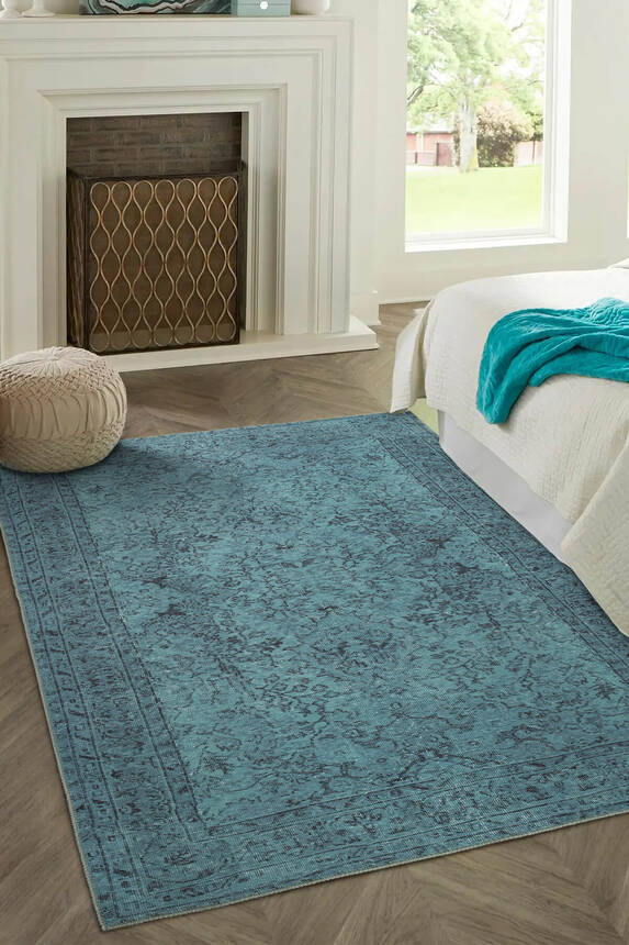 Outlet 140x190 Folk Eskitme Desenli Dokuma Taban Dekoratif Turkuaz Halı BA-23 - 1