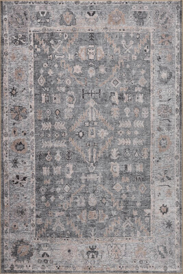 Outlet 140x190 Stonart Eskitme Vintage Desenli Gri Otantik Yıkanabilir Şönil Halı AL-467 - 2