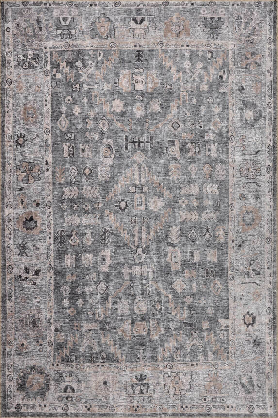 Outlet 140x190 Stonart Eskitme Vintage Desenli Gri Otantik Yıkanabilir Şönil Halı AL-467 - 2