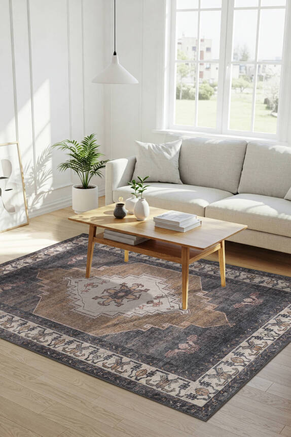 Outlet 140x190 Stonart Klasik Eskitme Vintage Desenli Otantik Yıkanabilir Kahverengi/Siyah Şönil Halı AL-438 - 1