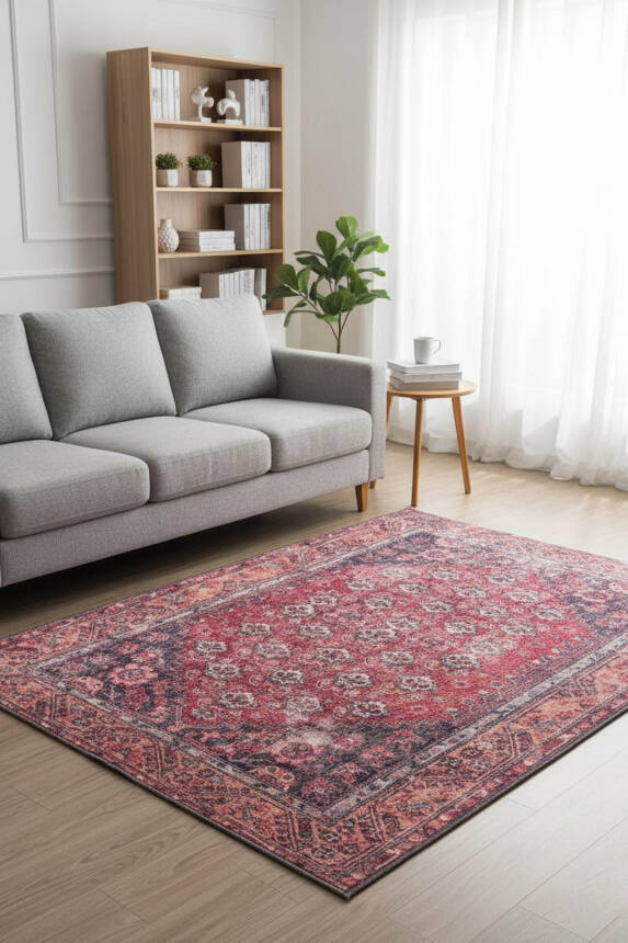 Outlet 150x150 Daire Blues Vintage Desenli Dokuma Taban Dekoratif Bordo Halı AL-151 - 1