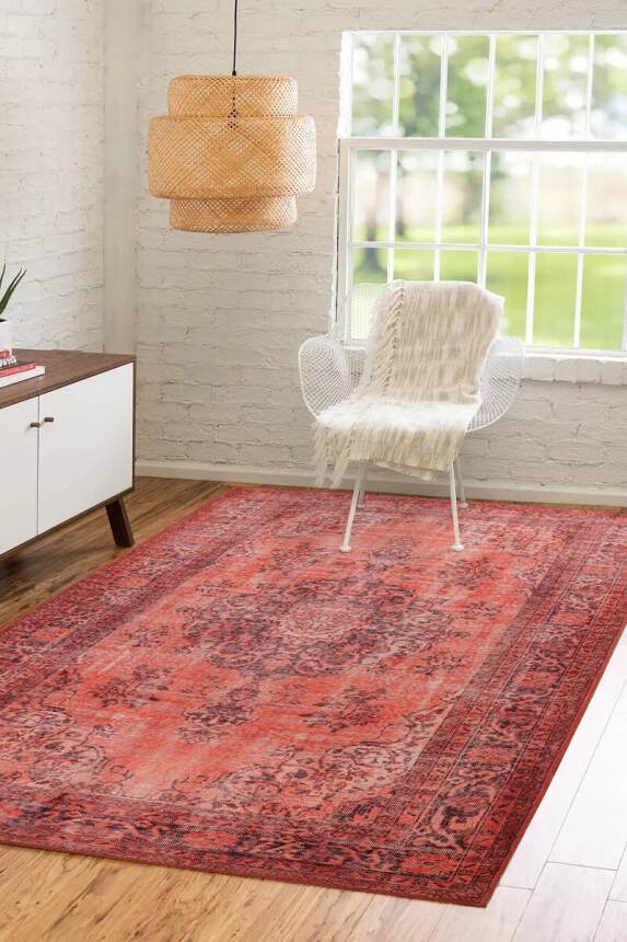 Outlet 150x150 Daire Blues Vintage Desenli Dokuma Taban Dekoratif Kırmızı Halı AL-131 - 1