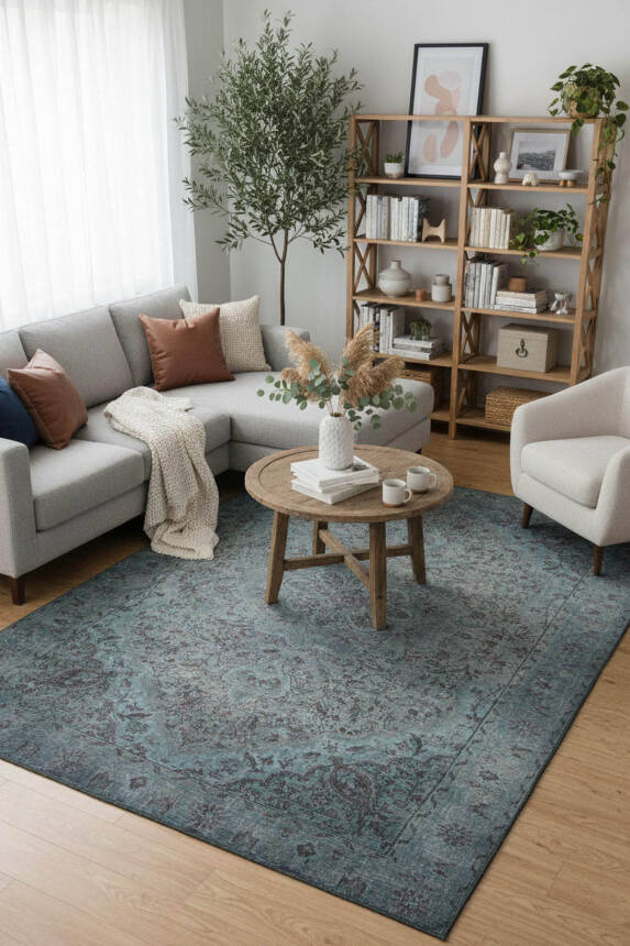 Outlet 150x150 Daire Blues Vintage Desenli Dokuma Taban Dekoratif Yeşil Halı AL-21 - 1