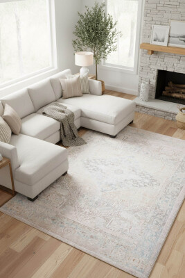 Outlet 150x150 Daire Dorian Eskitme Desenli Dokuma Taban Dekoratif Bej Halı AL-349 - Artloop