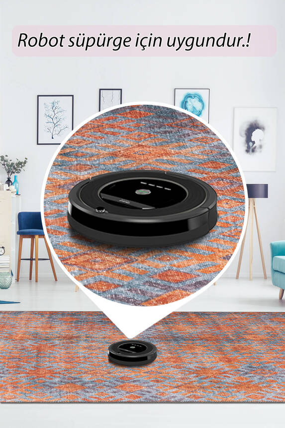Outlet 150x150 Daire Funk Dokuma Taban Dekoratif Modern Turuncu / Mavi Halı AL-06 - 7