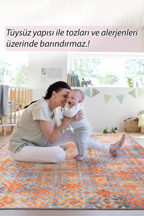 Outlet 150x150 Daire Funk Dokuma Taban Dekoratif Modern Turuncu / Mavi Halı AL-06 - 6