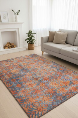 Outlet 150x150 Daire Funk Dokuma Taban Dekoratif Modern Turuncu / Mavi Halı AL-06 - Artloop