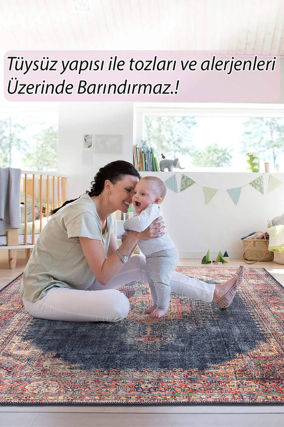 Outlet 150x150 Kare Blues Vintage Desenli Dokuma Taban Dekoratif Lacivert Halı AL-26 - 8