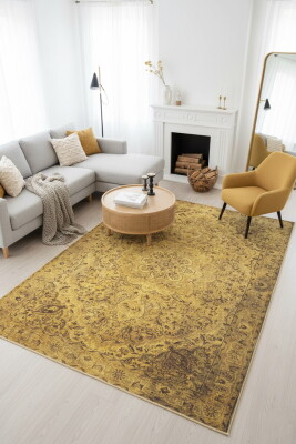 Outlet 150x150 Kare Blues Vintage Desenli Dokuma Taban Dekoratif Sarı Halı AL-24 - Artloop