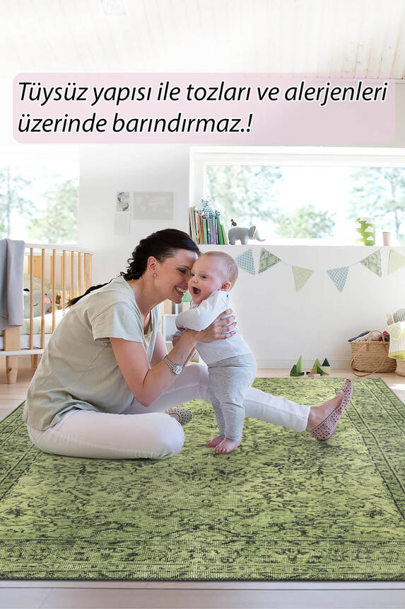 Outlet 150x150 Kare Dorian Eskitme Desenli Dokuma Taban Dekoratif Yeşil Halı AL-423 - 8