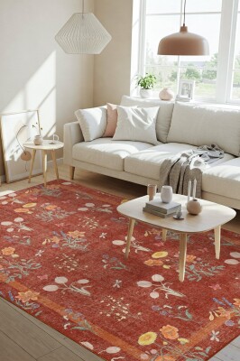 Outlet 150x150 Kare Florart Kiremit / Turuncu Doğa Temalı Çiçekli Dokuma Tabanlı Modern Şönil Halı AL-492 - Artloop