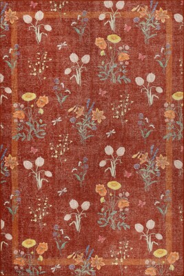 Outlet 150x150 Kare Florart Kiremit / Turuncu Doğa Temalı Çiçekli Dokuma Tabanlı Modern Şönil Halı AL-492 - 2