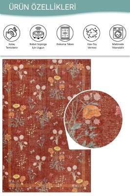 Outlet 150x150 Kare Florart Kiremit / Turuncu Doğa Temalı Çiçekli Dokuma Tabanlı Modern Şönil Halı AL-492 - 4