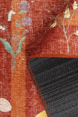 Outlet 150x150 Kare Florart Kiremit / Turuncu Doğa Temalı Çiçekli Dokuma Tabanlı Modern Şönil Halı AL-492 - 5