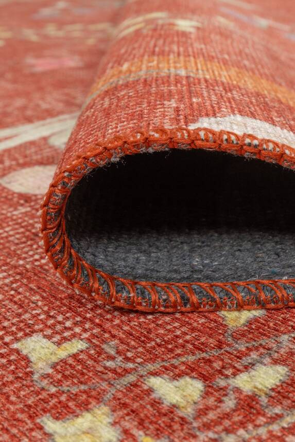 Outlet 150x150 Kare Florart Kiremit / Turuncu Doğa Temalı Çiçekli Dokuma Tabanlı Modern Şönil Halı AL-492 - 6