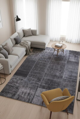 Outlet 150x150 Kare Jazz Patchwork Desenli Dokuma Taban Dekoratif Siyah Halı AL-81 - Artloop