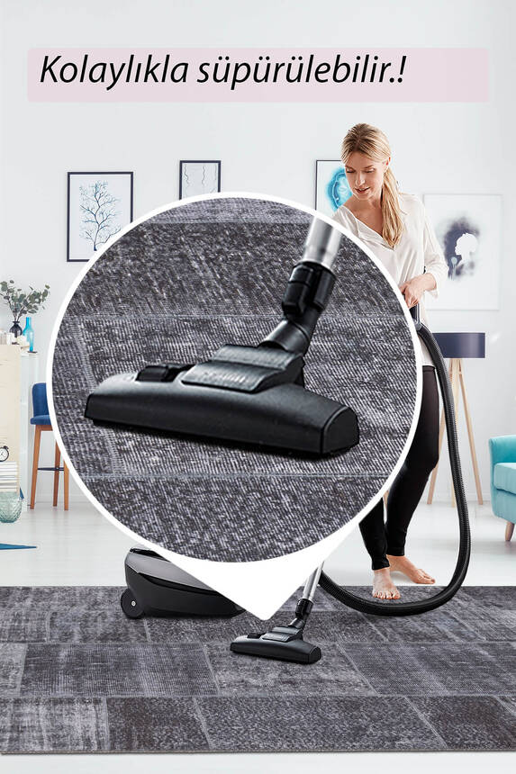 Outlet 150x150 Kare Jazz Patchwork Desenli Dokuma Taban Dekoratif Siyah Halı AL-81 - 7