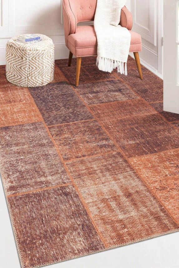 Outlet 150x150 Kare Jazz Patchwork Desenli Dokuma Taban Dekoratif Turuncu Halı AL-62 - 1