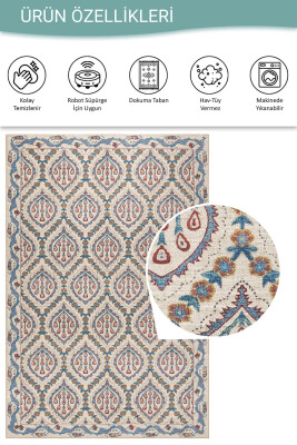 Outlet 150x150 Kare Nora Krem / Mavi Vintage Dokulu Geometrik Desenli Dokuma Tabanlı Şönil Halı AL-479 - 4