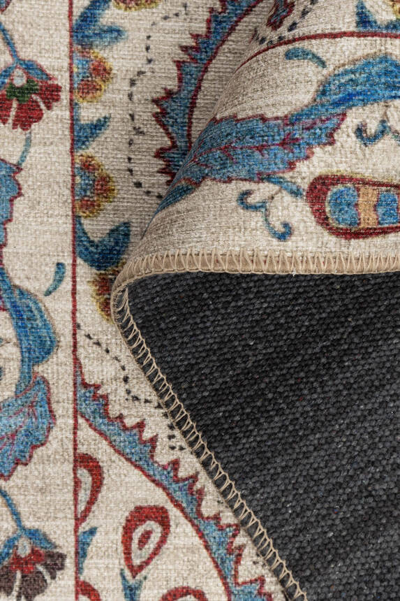 Outlet 150x150 Kare Nora Krem / Mavi Vintage Dokulu Geometrik Desenli Dokuma Tabanlı Şönil Halı AL-479 - 5