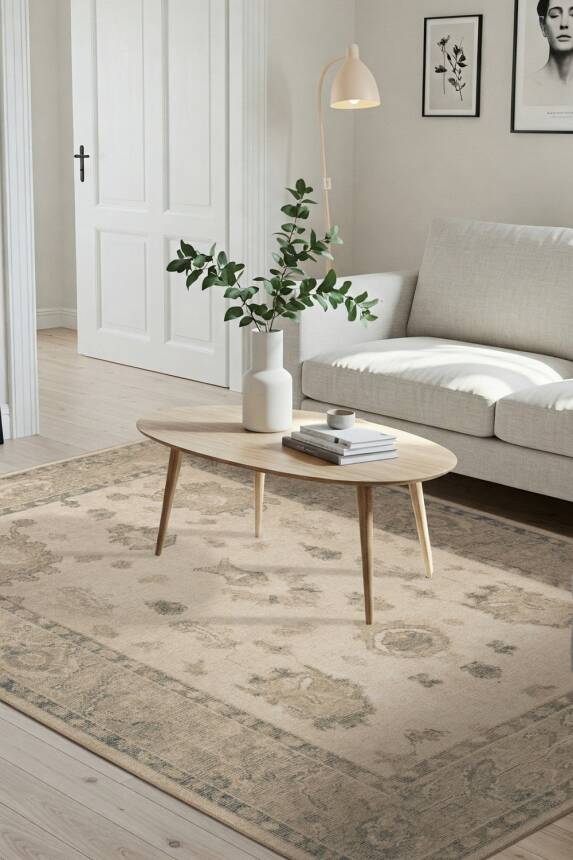 Outlet 150x150 Kare Relic Bej Vintage Dokulu Klasik Desenli Dokuma Tabanlı Şönil Halı AL-514 - 1