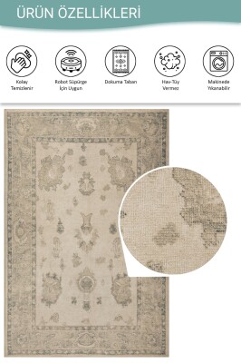 Outlet 150x150 Kare Relic Bej Vintage Dokulu Klasik Desenli Dokuma Tabanlı Şönil Halı AL-514 - 4