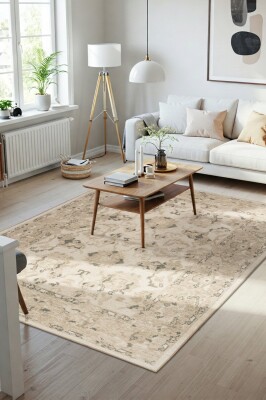 Outlet 150x150 Kare Relic Bej Vintage Dokulu Klasik Desenli Dokuma Tabanlı Şönil Halı AL-521 - Artloop