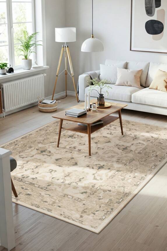Outlet 150x150 Kare Relic Bej Vintage Dokulu Klasik Desenli Dokuma Tabanlı Şönil Halı AL-521 - 1
