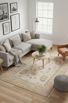 Outlet 150x150 Kare Relic Sarı / Bej Dokulu Klasik Desenli Dokuma Tabanlı Şönil Halı AL-513 - Artloop