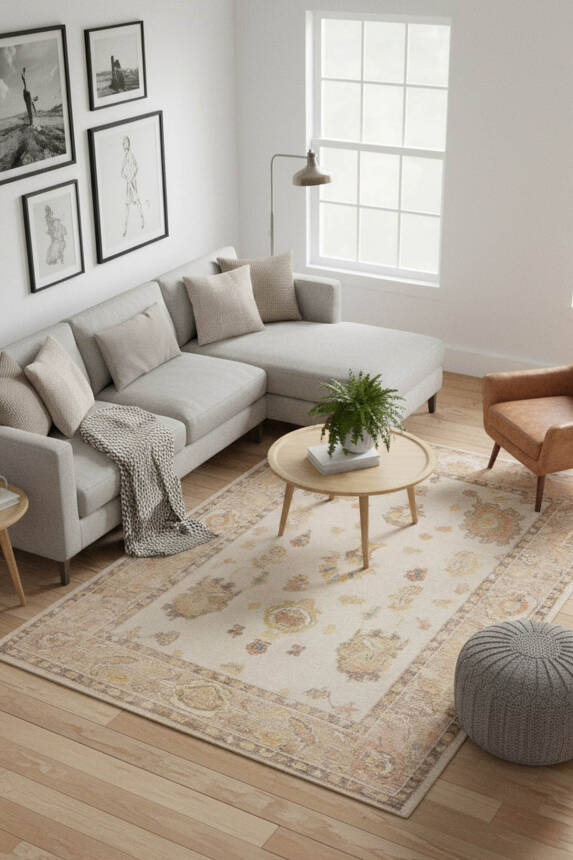 Outlet 150x150 Kare Relic Sarı / Bej Dokulu Klasik Desenli Dokuma Tabanlı Şönil Halı AL-513 - 1